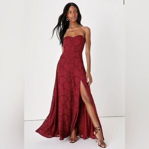 Garden of Romance Burgundy Floral Burnout Strapless Maxi Dress Size S